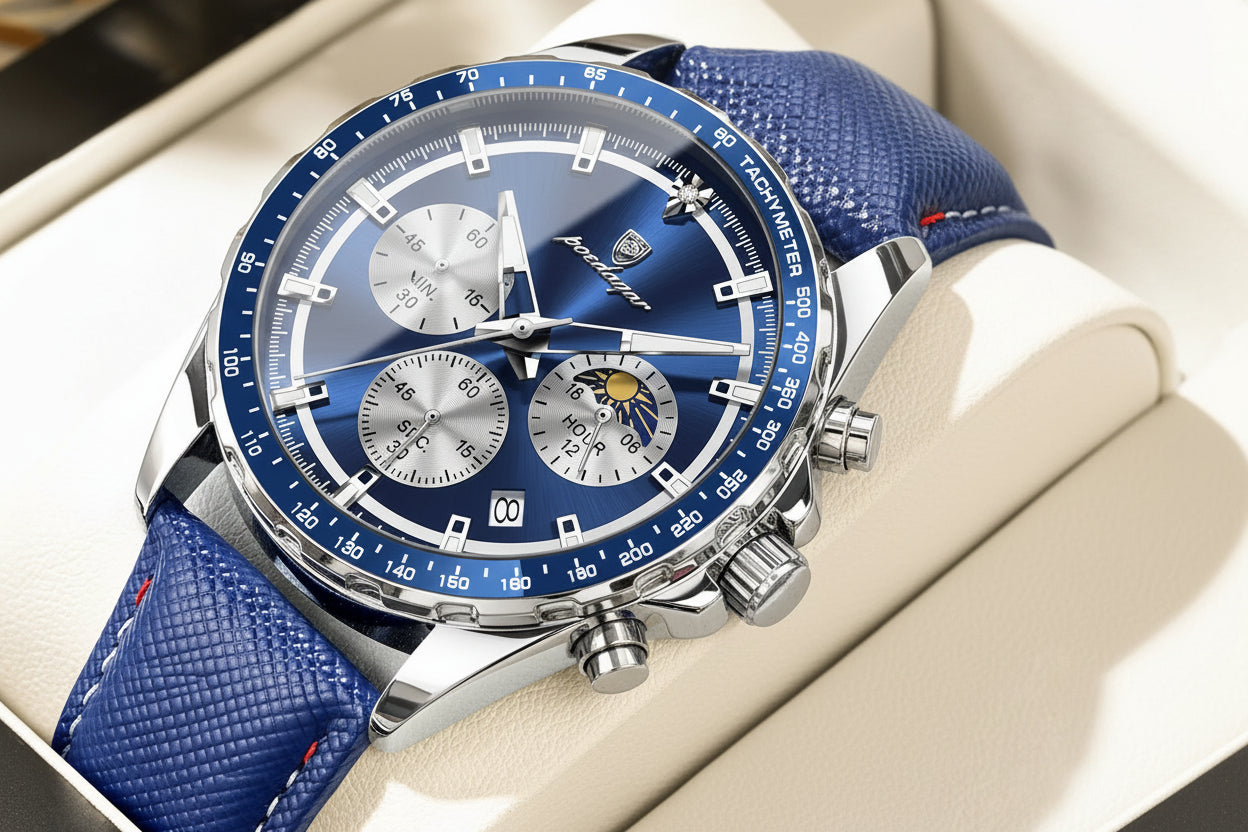 Leather Chronograph Watch – Luminous Dial with Date