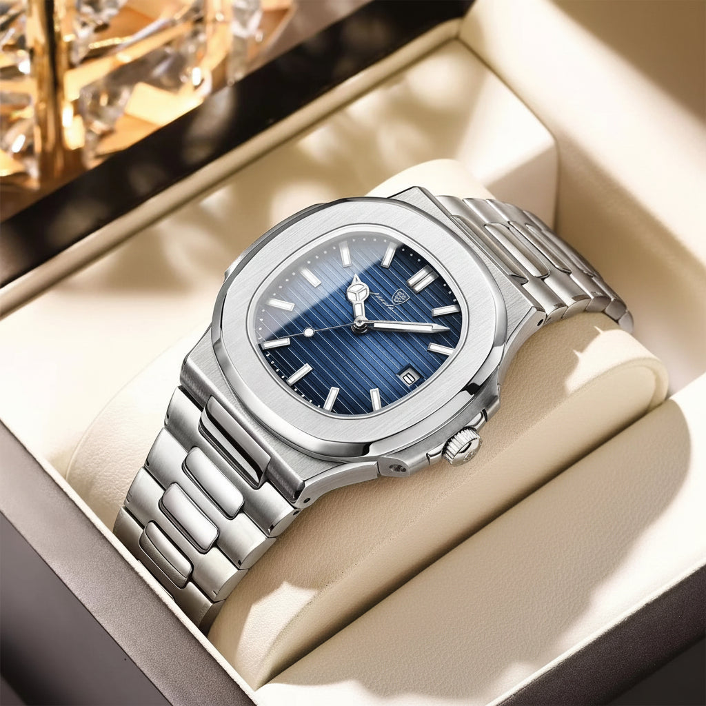 Square Business Watch – Luminous Numberless Dial with Hidden Clasp