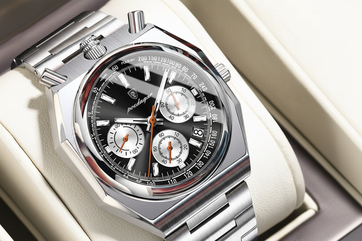 Irregular Chronograph Watch – Bold Numberless Dial with Hidden Clasp Bracelet