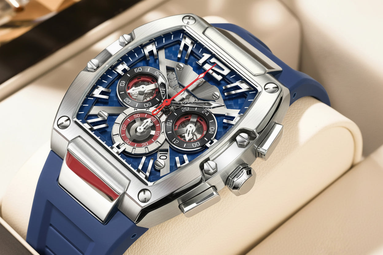 Bold Tonneau Timepiece – Luminous Chronograph with Premium Silicone Strap