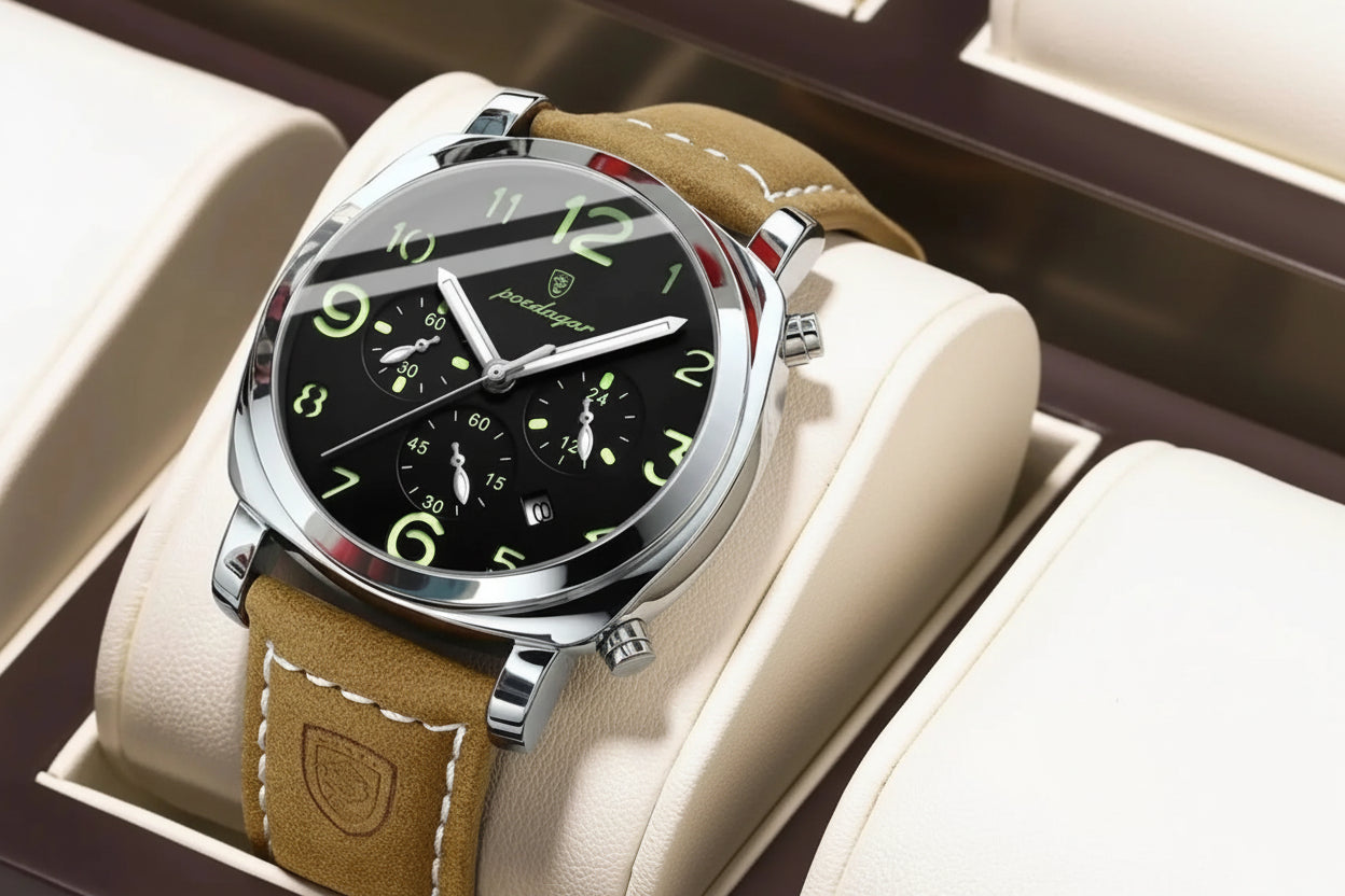 Military Style Chronograph Watch – Luminous Leather Strap with Date