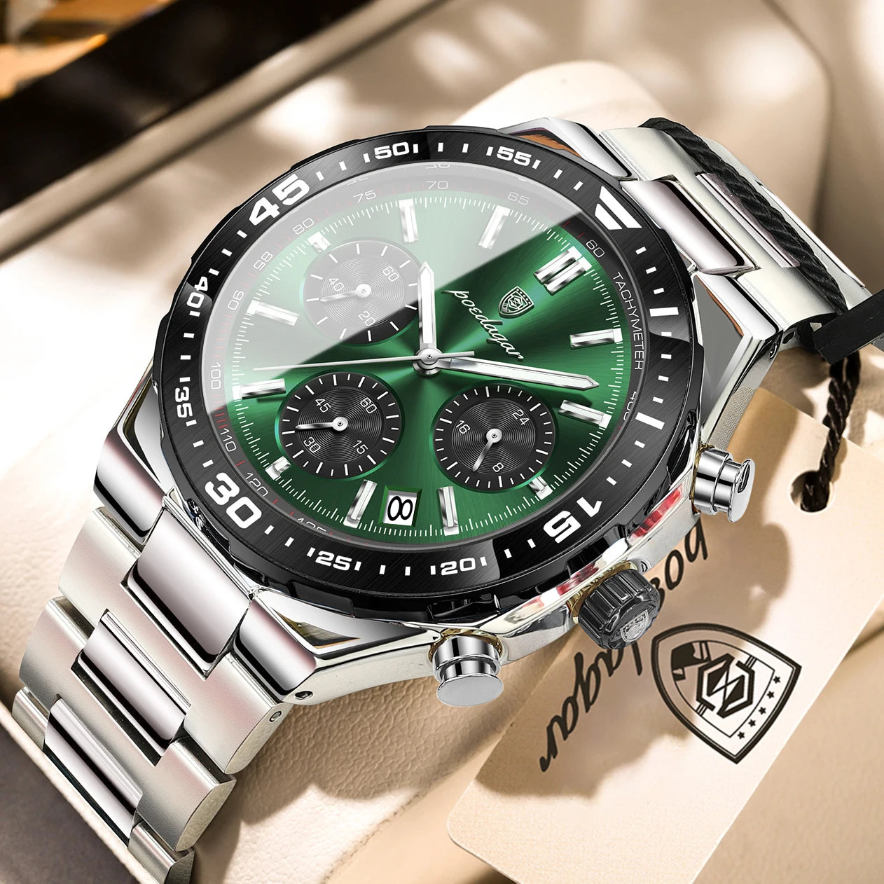 Business Chronograph Watch – Stainless Steel, Luminous Dial, Date Display