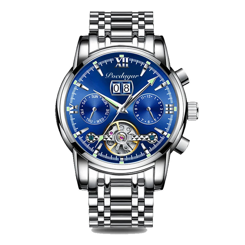 Automatic Tourbillon Style Watch – Chronograph & Full Calendar with Hidden Clasp Bracelet