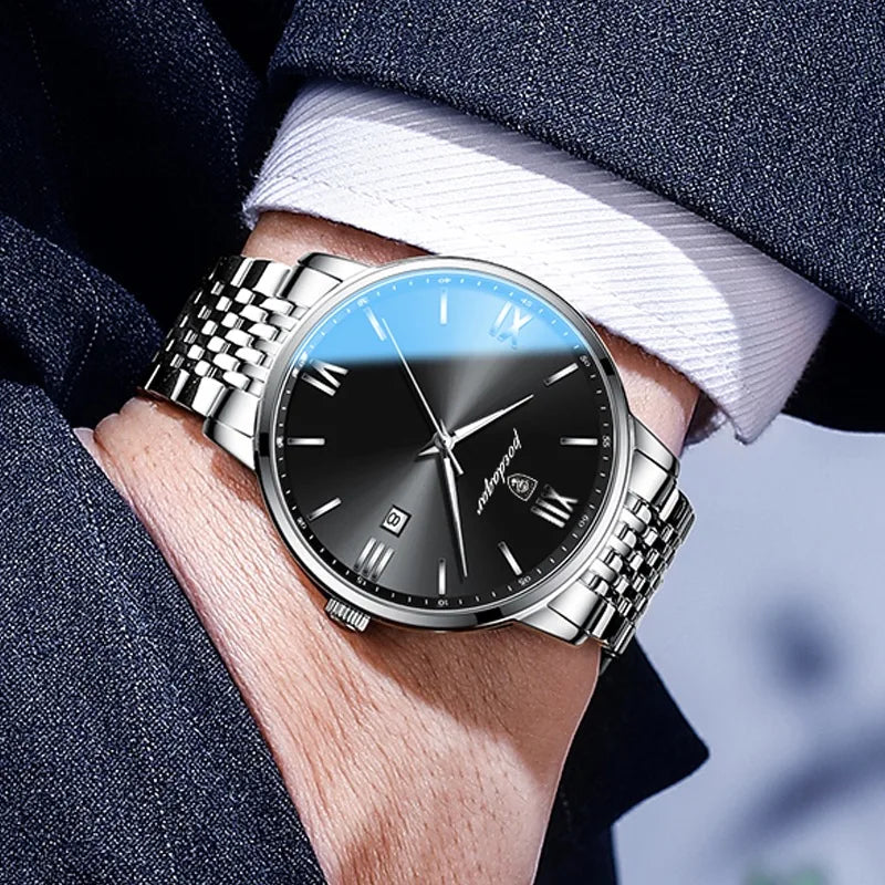 Roman Numeral Full Calendar Watch – Stainless Steel Bracelet with Stopwatch & Safety Clasp
