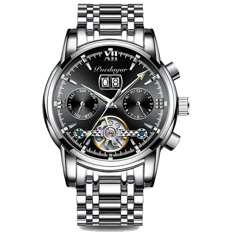 Automatic Tourbillon Style Watch – Chronograph & Full Calendar with Hidden Clasp Bracelet