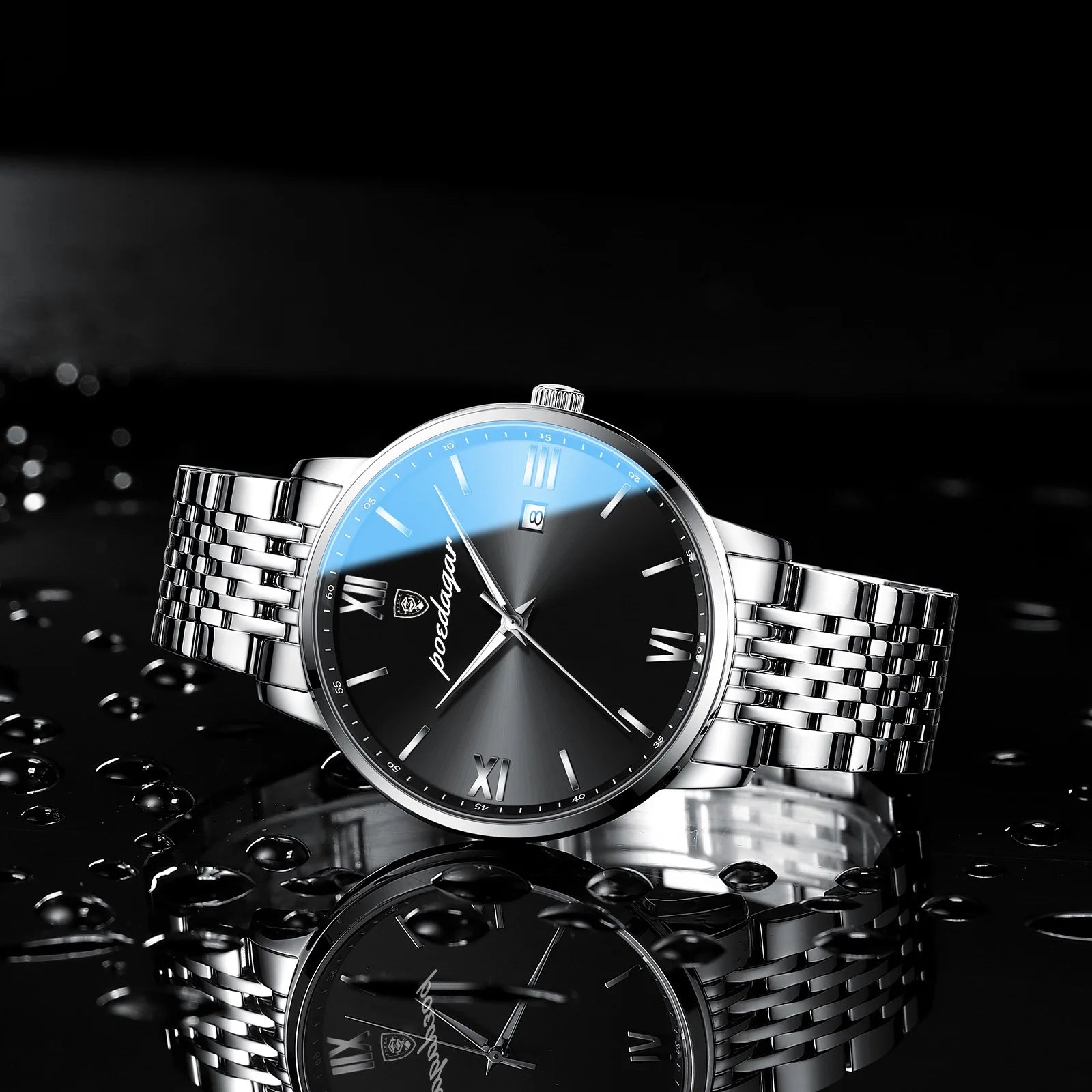 Roman Numeral Full Calendar Watch – Stainless Steel Bracelet with Stopwatch & Safety Clasp