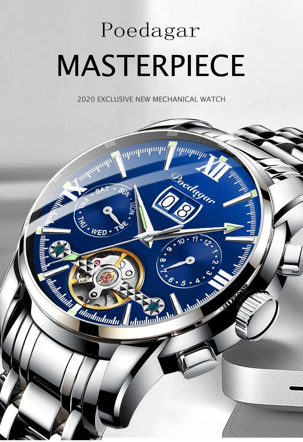 Automatic Tourbillon Style Watch – Chronograph & Full Calendar with Hidden Clasp Bracelet