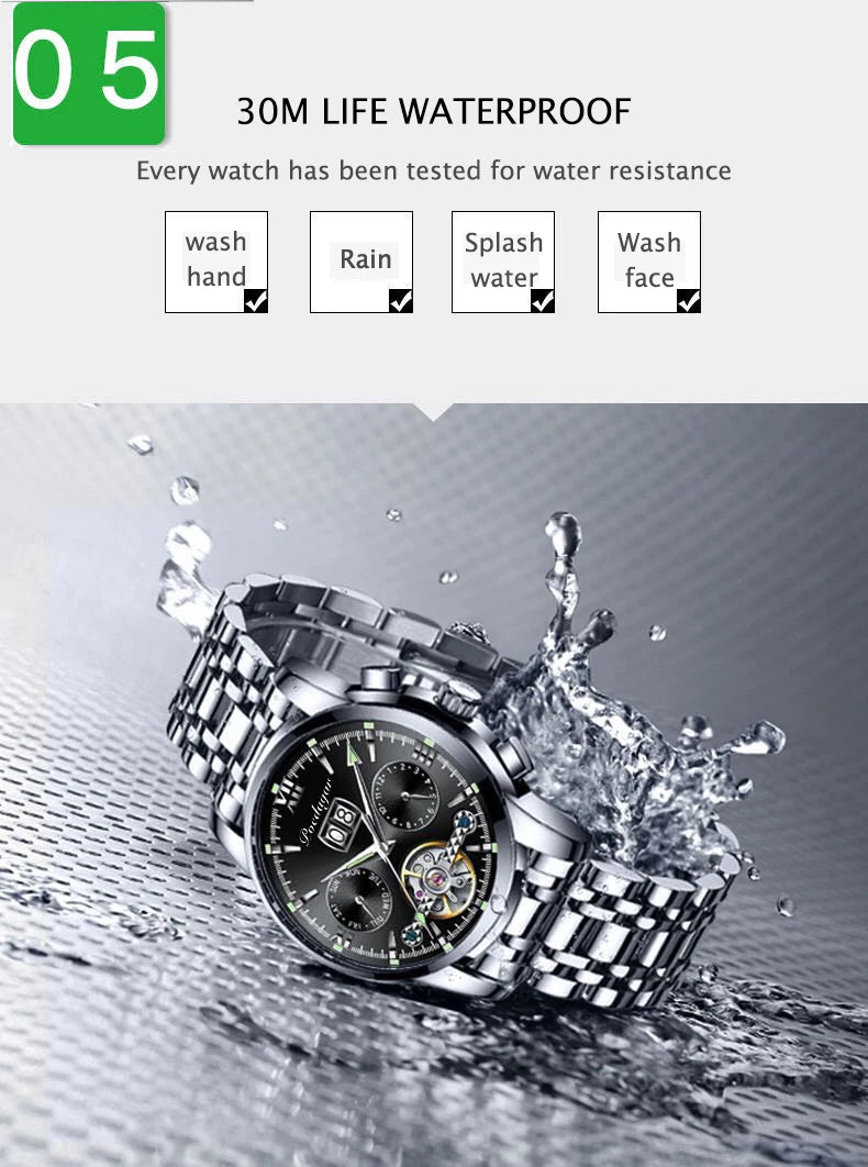 Automatic Tourbillon Style Watch – Chronograph & Full Calendar with Hidden Clasp Bracelet