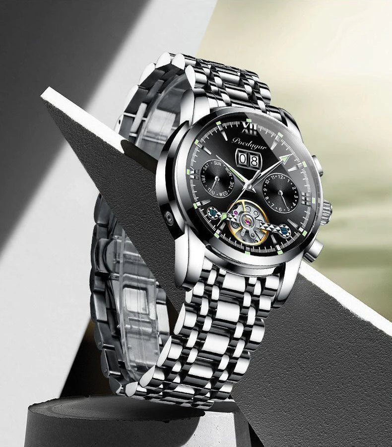 Automatic Tourbillon Style Watch – Chronograph & Full Calendar with Hidden Clasp Bracelet