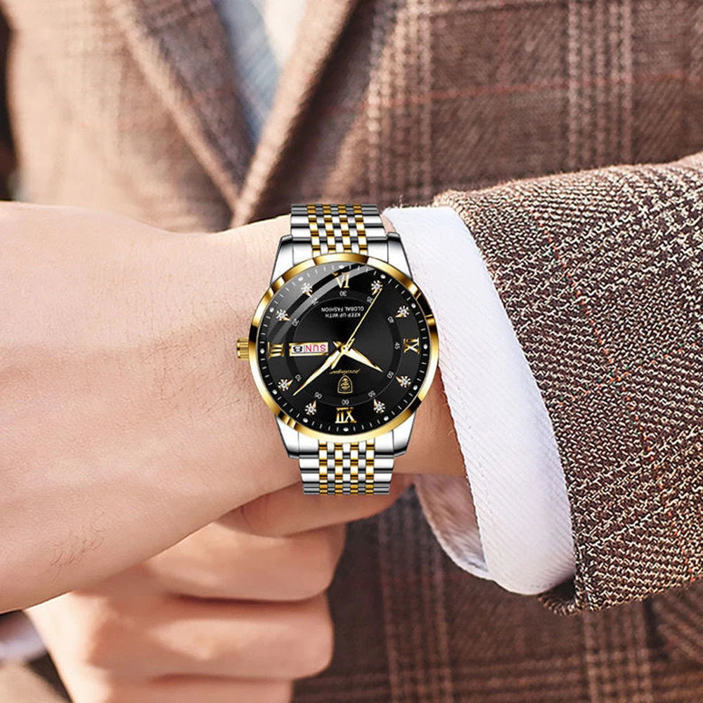 Full Calendar Chronograph Watch – Roman Numeral Dial with Hidden Clasp Bracelet