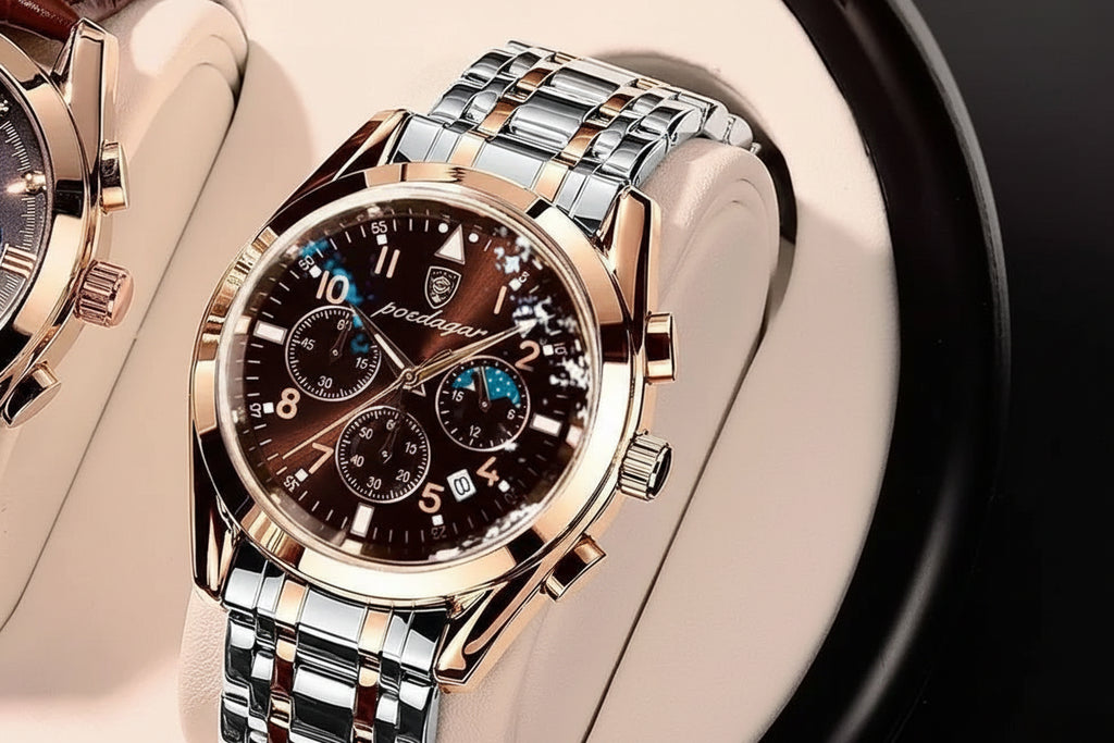 Rose Gold Chronograph Watch – Full Calendar with Arabic Dial & Bracelet