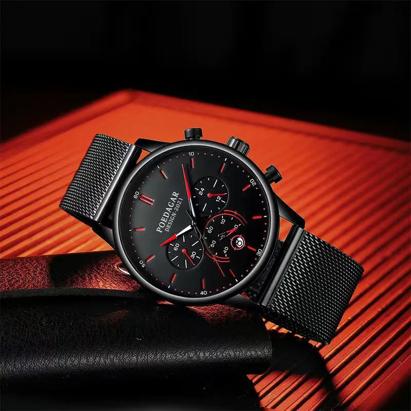 Ultra-Thin Chronograph Watch – Mesh Belt Bracelet with Luminous Dial & Full Calendar