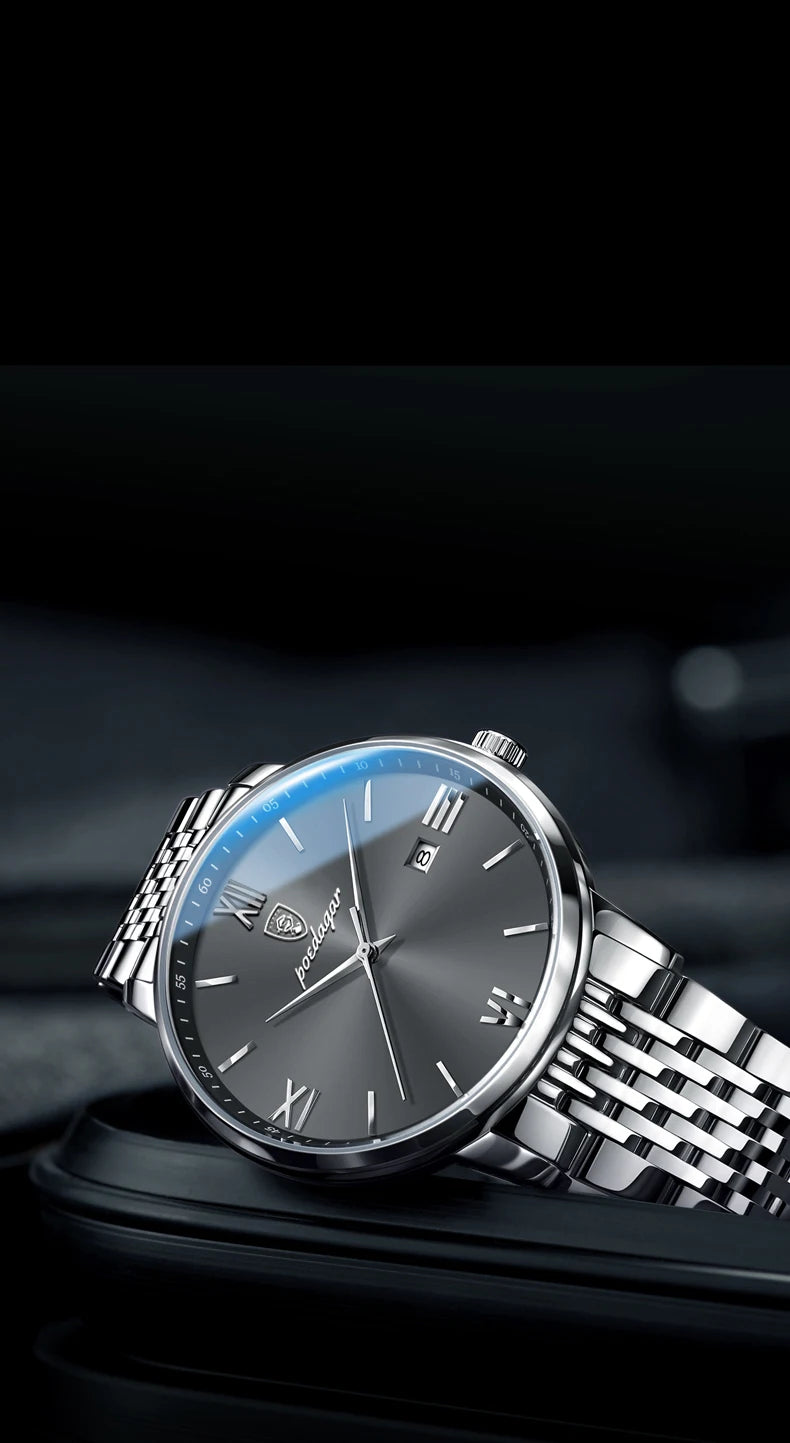 Roman Numeral Full Calendar Watch – Stainless Steel Bracelet with Stopwatch & Safety Clasp