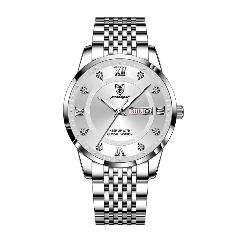 Full Calendar Chronograph Watch – Roman Numeral Dial with Hidden Clasp Bracelet