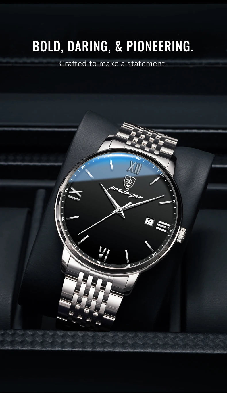 Roman Numeral Full Calendar Watch – Stainless Steel Bracelet with Stopwatch & Safety Clasp