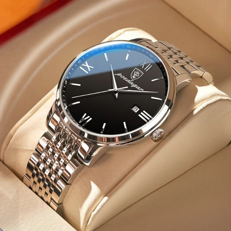 Roman Numeral Full Calendar Watch – Stainless Steel Bracelet with Stopwatch & Safety Clasp