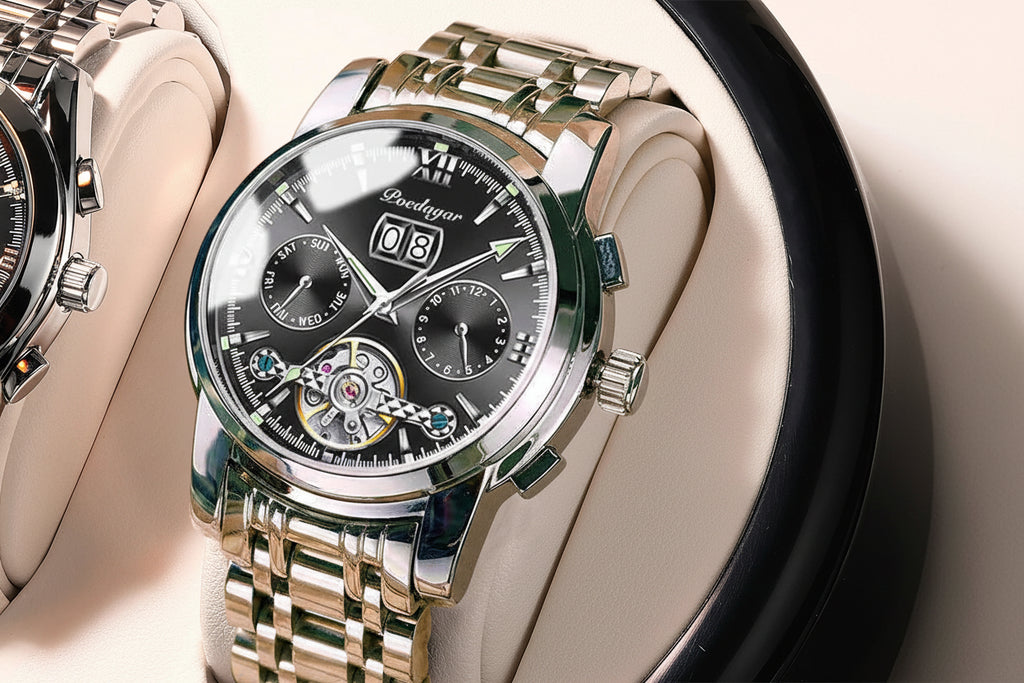 Automatic Tourbillon Style Watch – Chronograph & Full Calendar with Hidden Clasp Bracelet