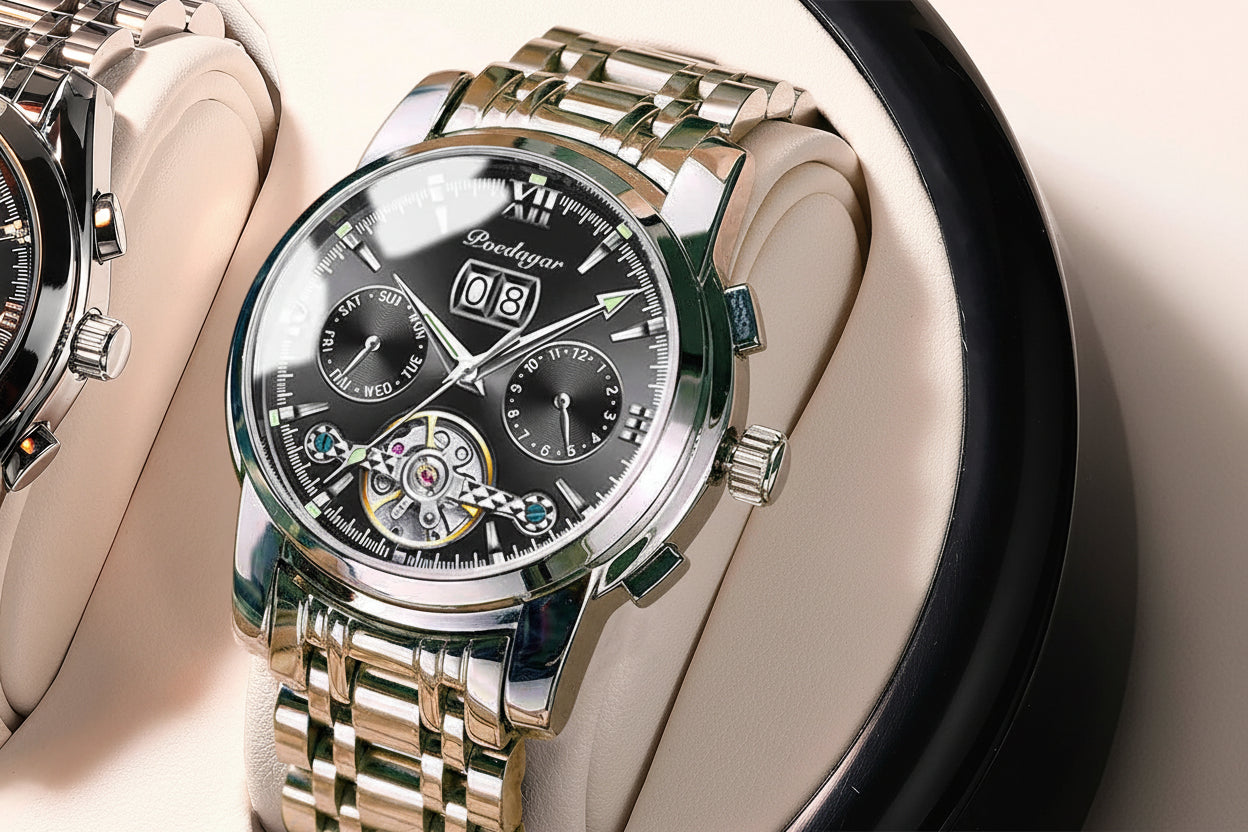Automatic Tourbillon Style Watch – Chronograph & Full Calendar with Hidden Clasp Bracelet