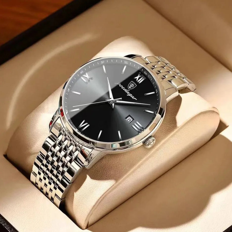 Roman Numeral Full Calendar Watch – Stainless Steel Bracelet with Stopwatch & Safety Clasp