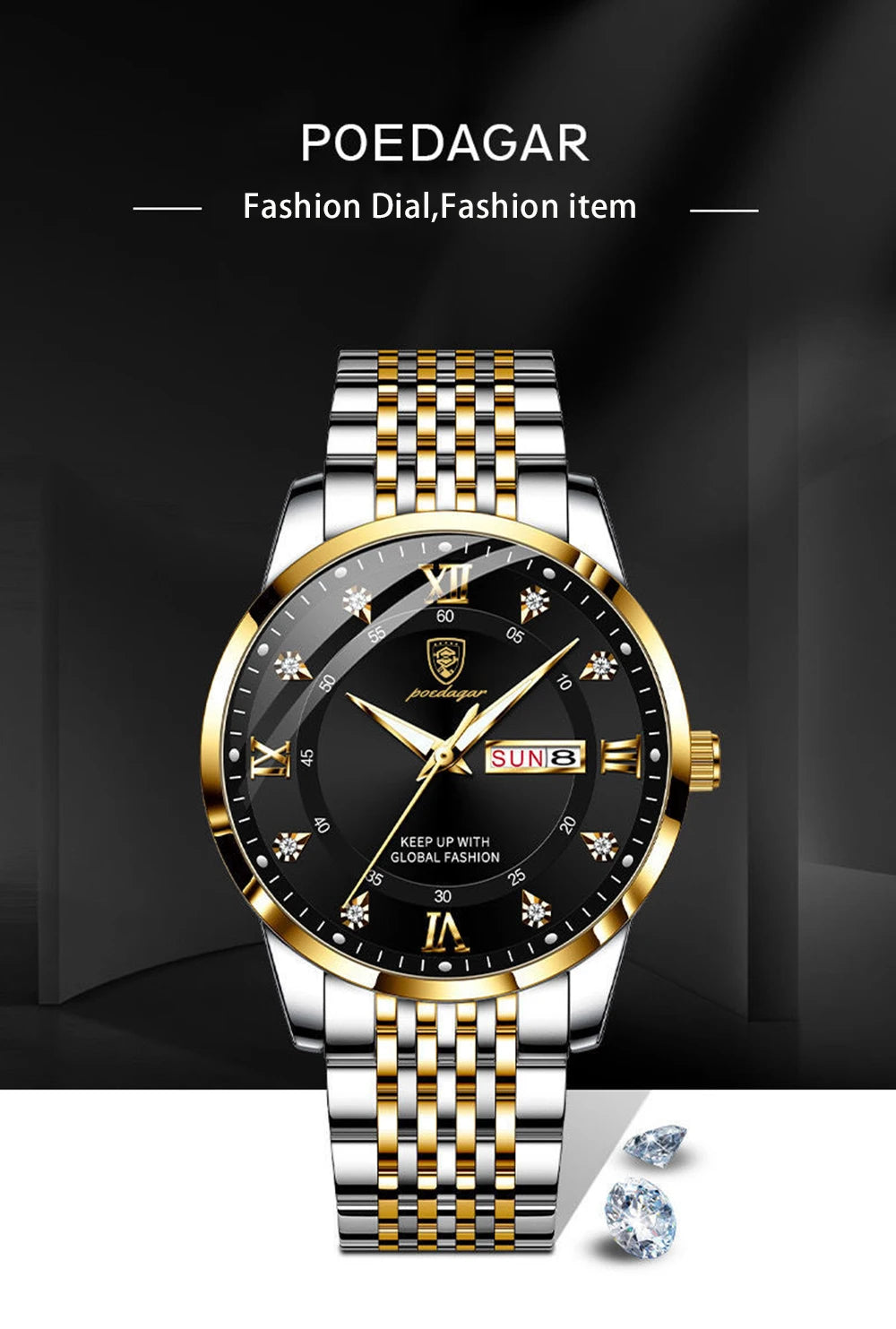 Full Calendar Chronograph Watch – Roman Numeral Dial with Hidden Clasp Bracelet