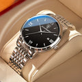 Roman Numeral Full Calendar Watch – Stainless Steel Bracelet with Stopwatch & Safety Clasp