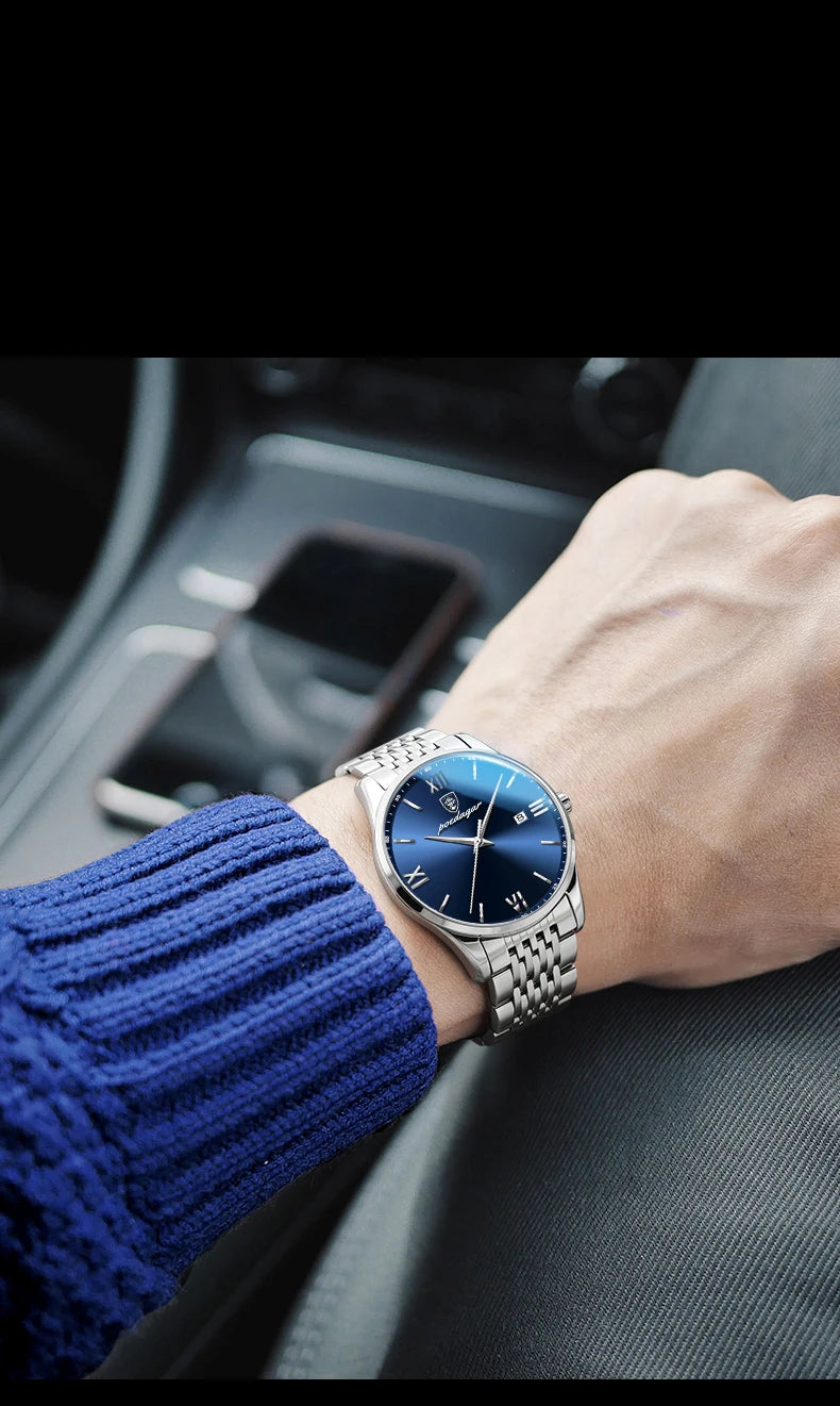 Roman Numeral Full Calendar Watch – Stainless Steel Bracelet with Stopwatch & Safety Clasp