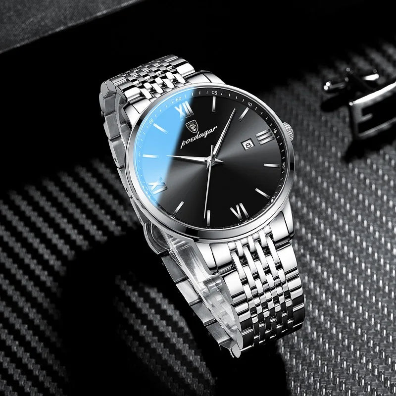 Roman Numeral Full Calendar Watch – Stainless Steel Bracelet with Stopwatch & Safety Clasp