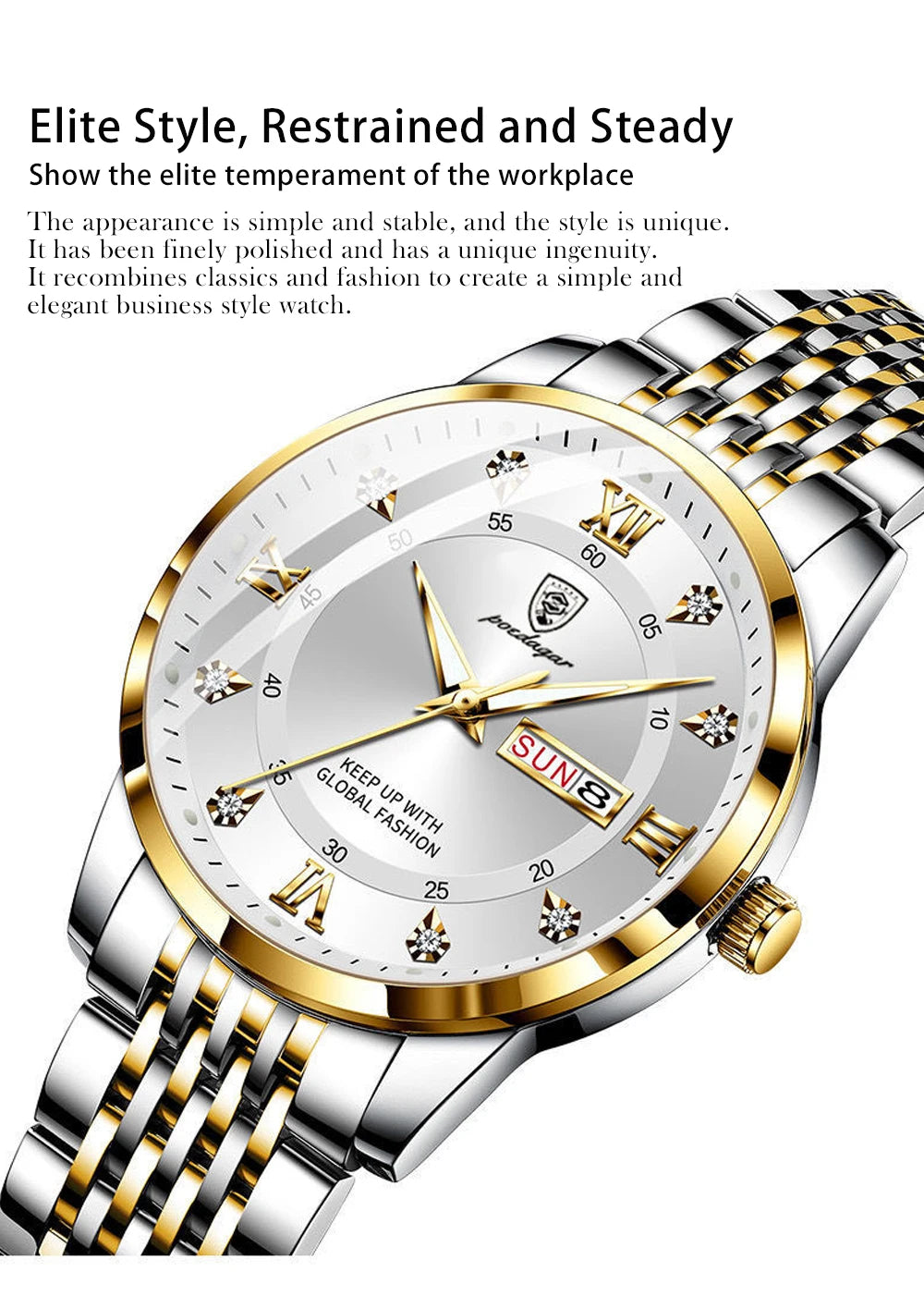 Full Calendar Chronograph Watch – Roman Numeral Dial with Hidden Clasp Bracelet