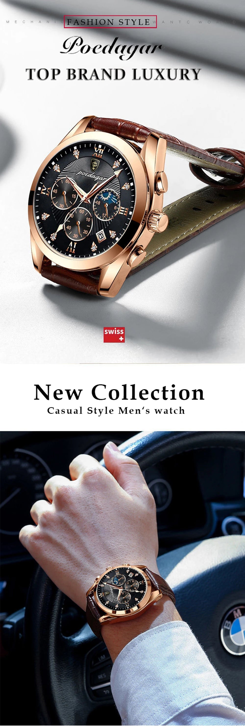 Roman Numeral Leather Watch – Luminous Dial with Full Calendar