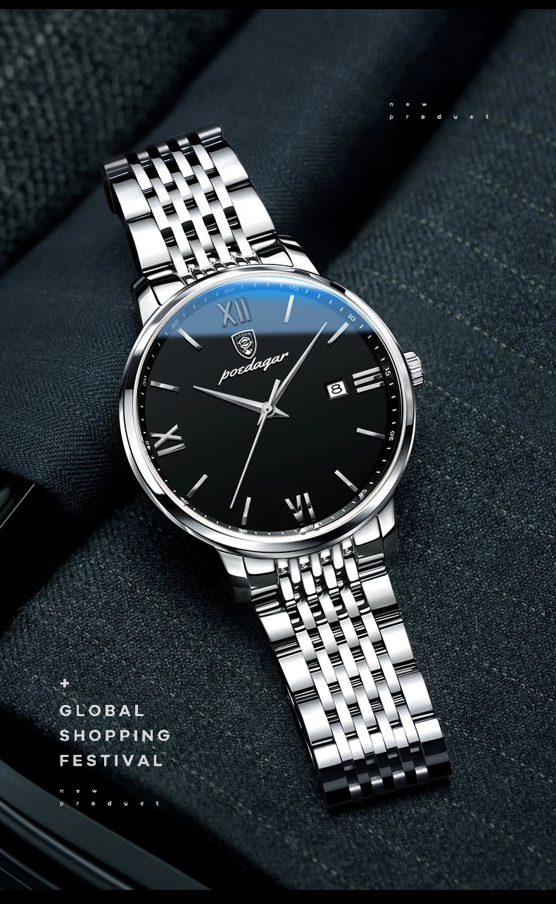 Roman Numeral Full Calendar Watch – Stainless Steel Bracelet with Stopwatch & Safety Clasp