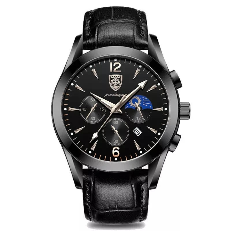 Roman Numeral Leather Watch – Luminous Dial with Full Calendar