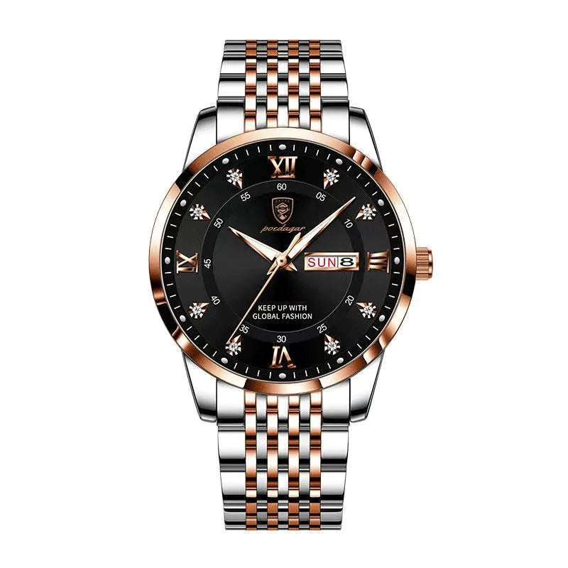 Full Calendar Chronograph Watch – Roman Numeral Dial with Hidden Clasp Bracelet
