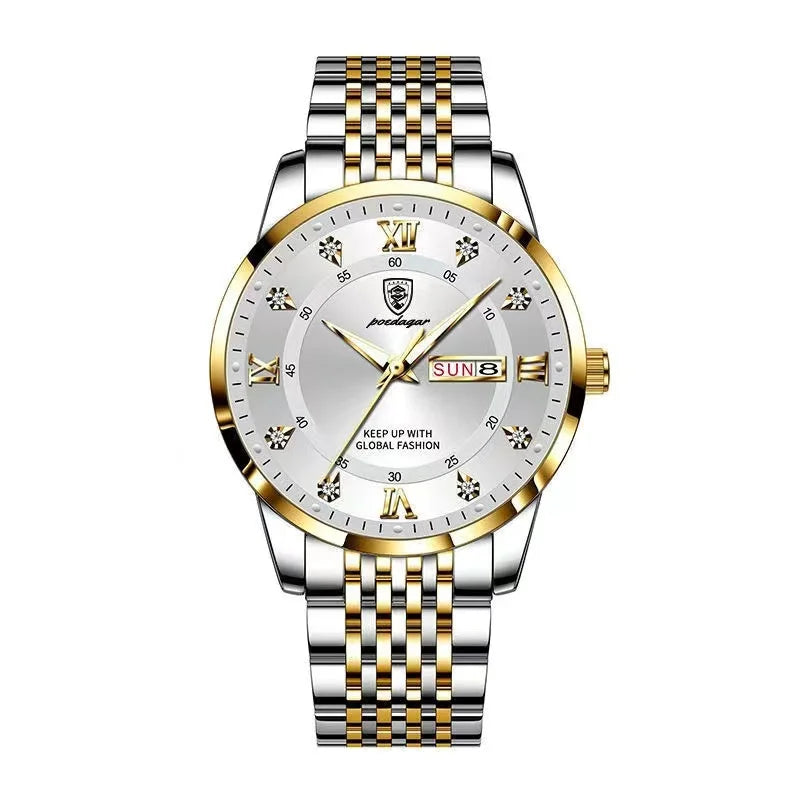 Full Calendar Chronograph Watch – Roman Numeral Dial with Hidden Clasp Bracelet