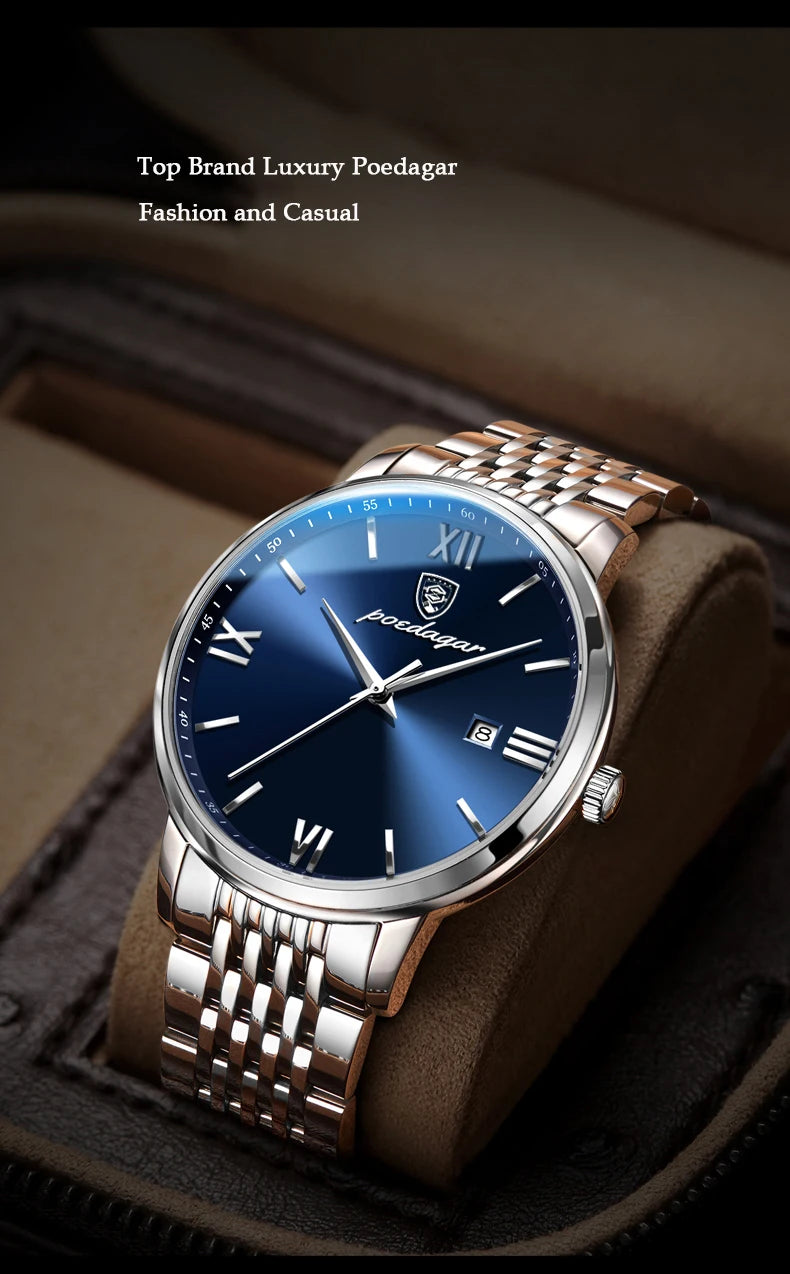 Roman Numeral Full Calendar Watch – Stainless Steel Bracelet with Stopwatch & Safety Clasp