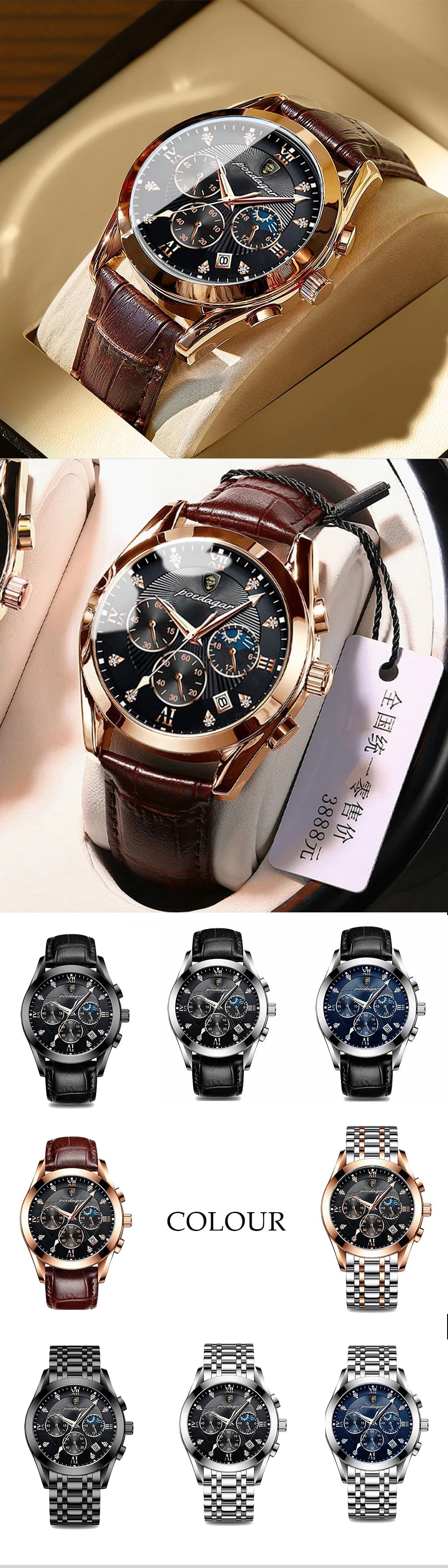 Roman Numeral Leather Watch – Luminous Dial with Full Calendar