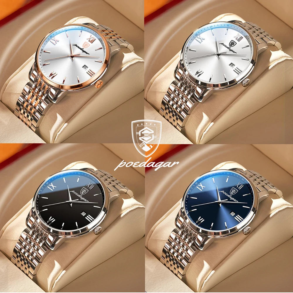 Roman Numeral Full Calendar Watch – Stainless Steel Bracelet with Stopwatch & Safety Clasp