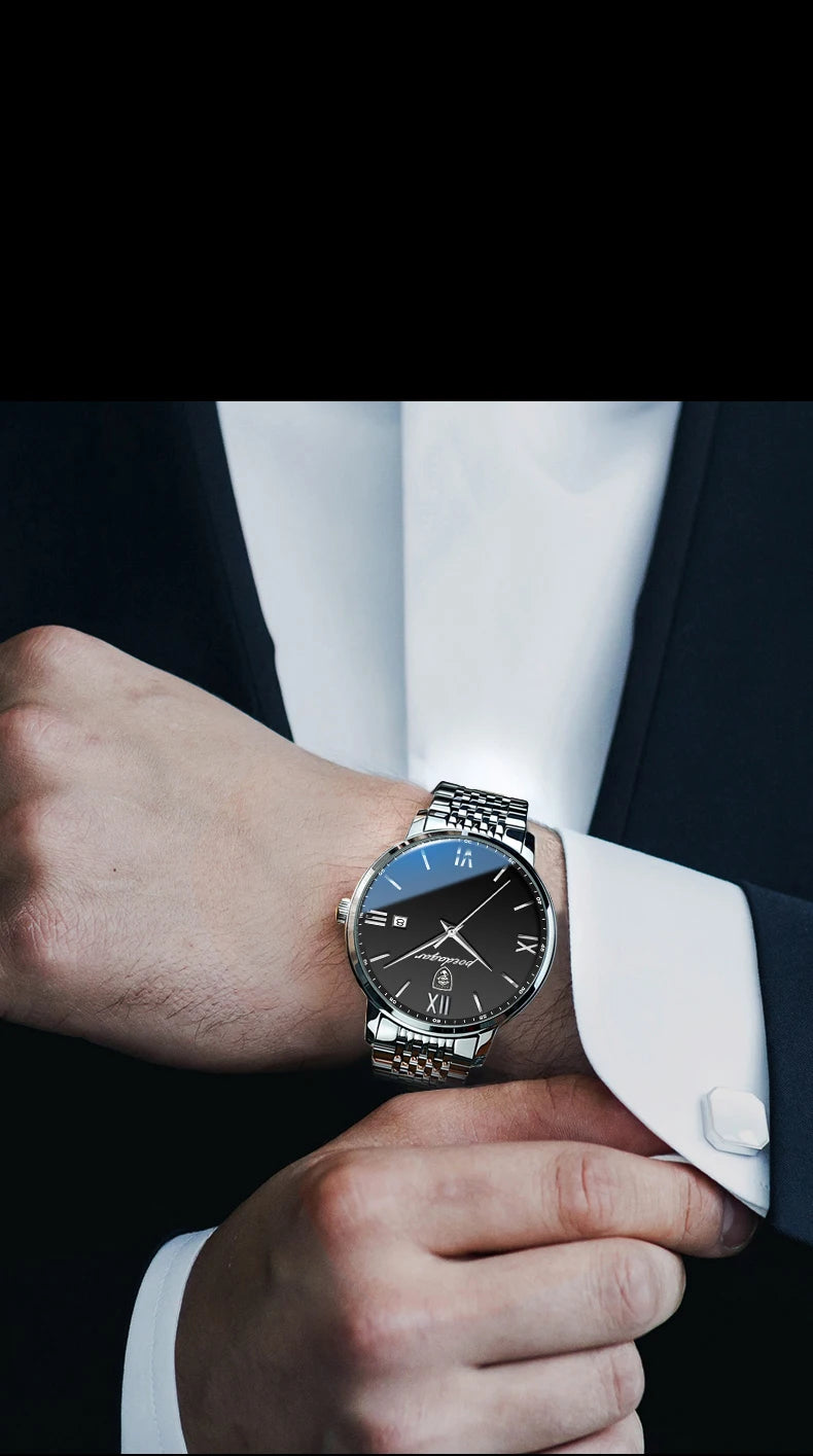 Roman Numeral Full Calendar Watch – Stainless Steel Bracelet with Stopwatch & Safety Clasp