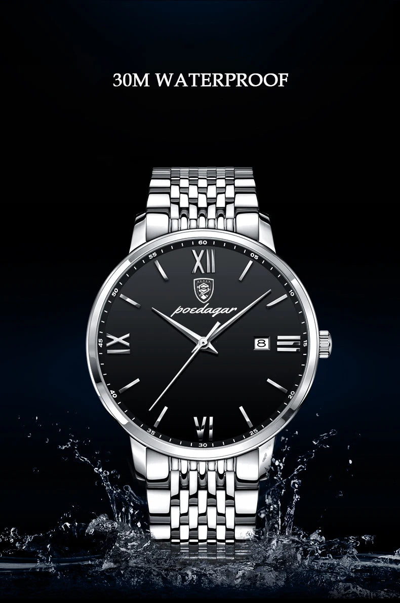 Roman Numeral Full Calendar Watch – Stainless Steel Bracelet with Stopwatch & Safety Clasp