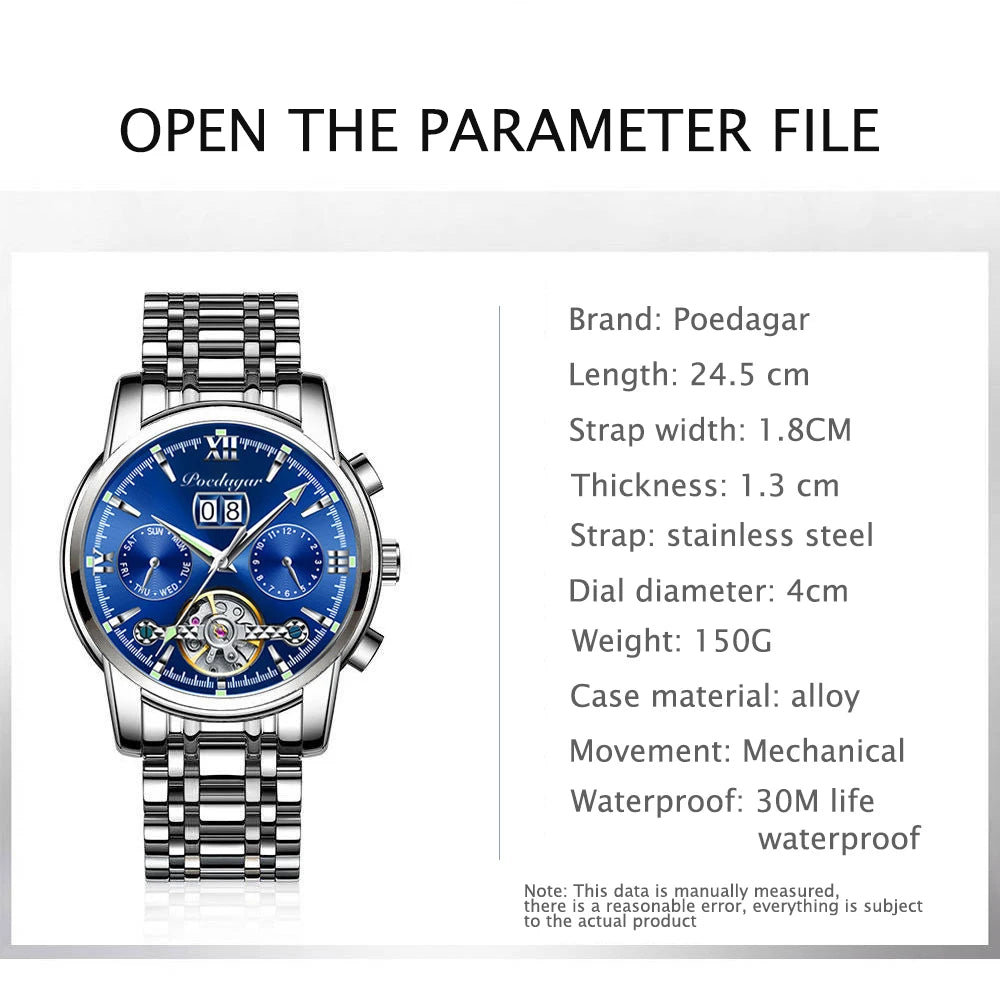 Automatic Tourbillon Style Watch – Chronograph & Full Calendar with Hidden Clasp Bracelet