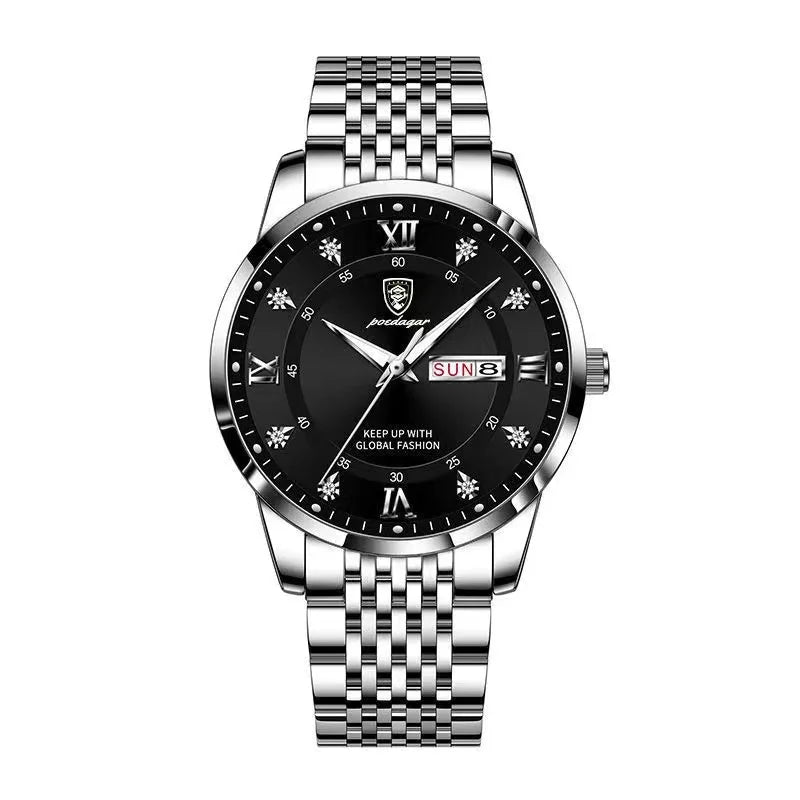 Full Calendar Chronograph Watch – Roman Numeral Dial with Hidden Clasp Bracelet