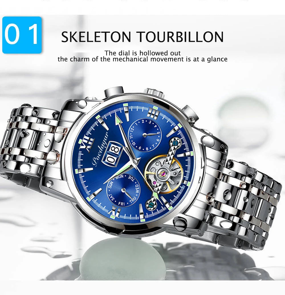 Automatic Tourbillon Style Watch – Chronograph & Full Calendar with Hidden Clasp Bracelet