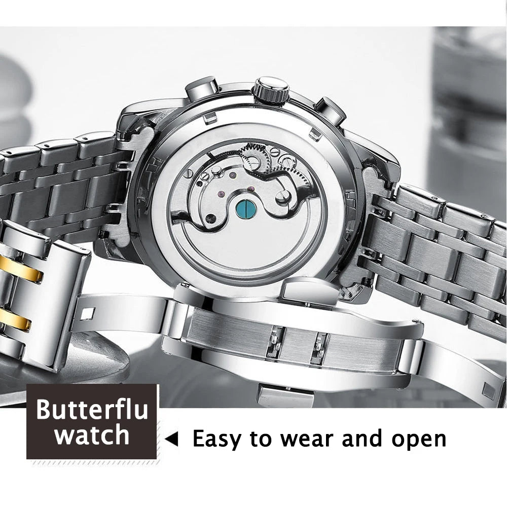 Automatic Tourbillon Style Watch – Chronograph & Full Calendar with Hidden Clasp Bracelet