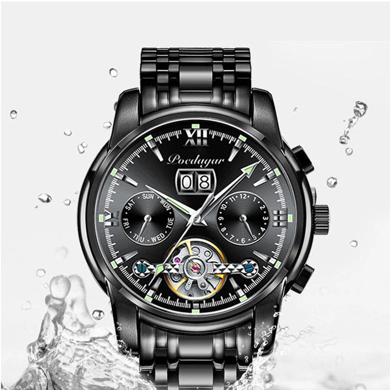 Automatic Tourbillon Style Watch – Chronograph & Full Calendar with Hidden Clasp Bracelet