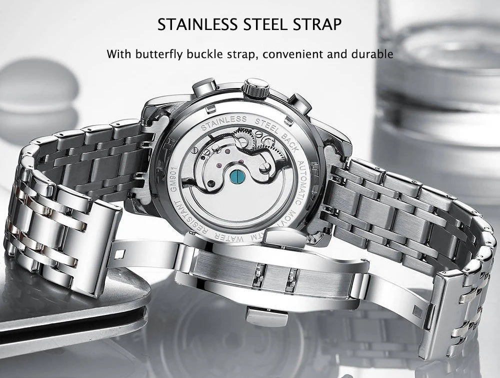 Automatic Tourbillon Style Watch – Chronograph & Full Calendar with Hidden Clasp Bracelet