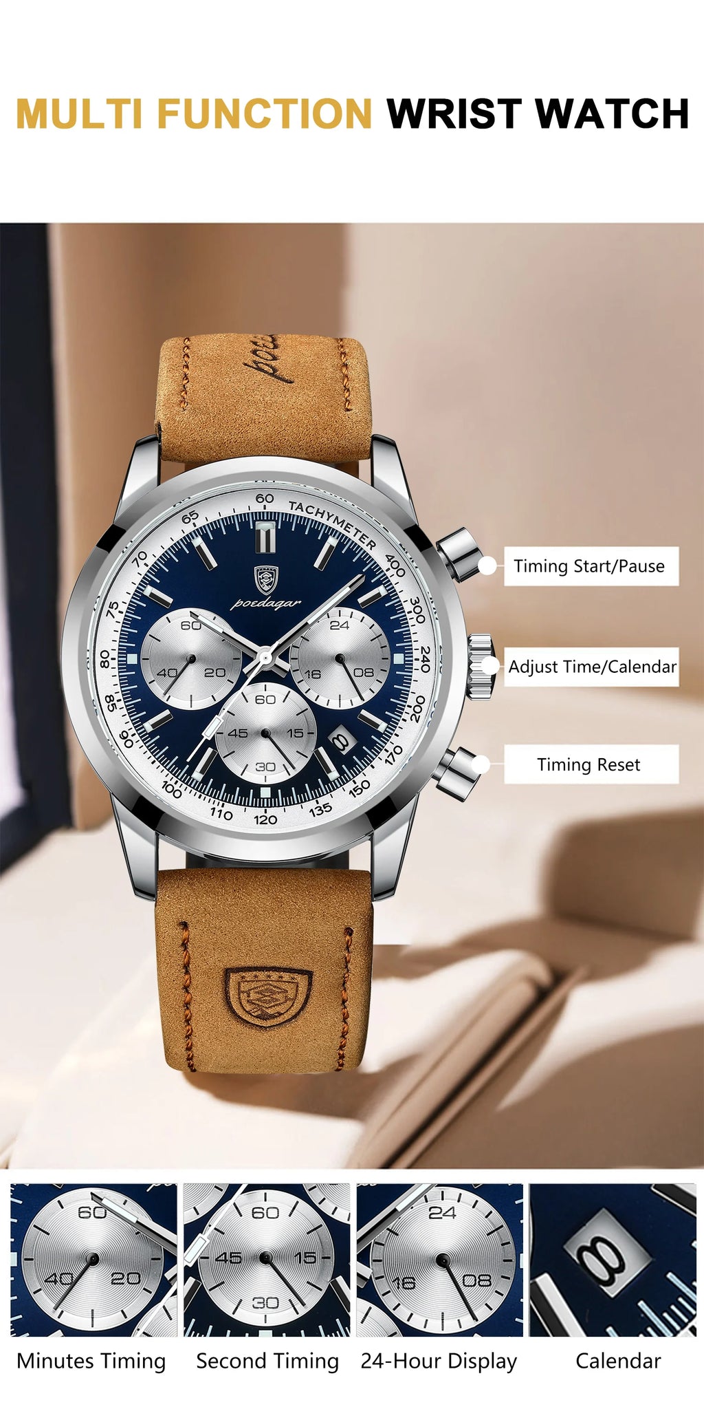 Chronograph Leather Watch – Luminous Numberless Dial with Date