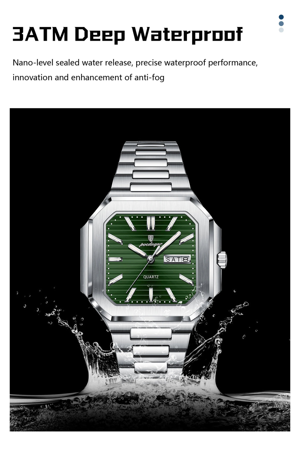 Square Stainless Steel Watch – Luminous Numberless Dial with Hidden Clasp