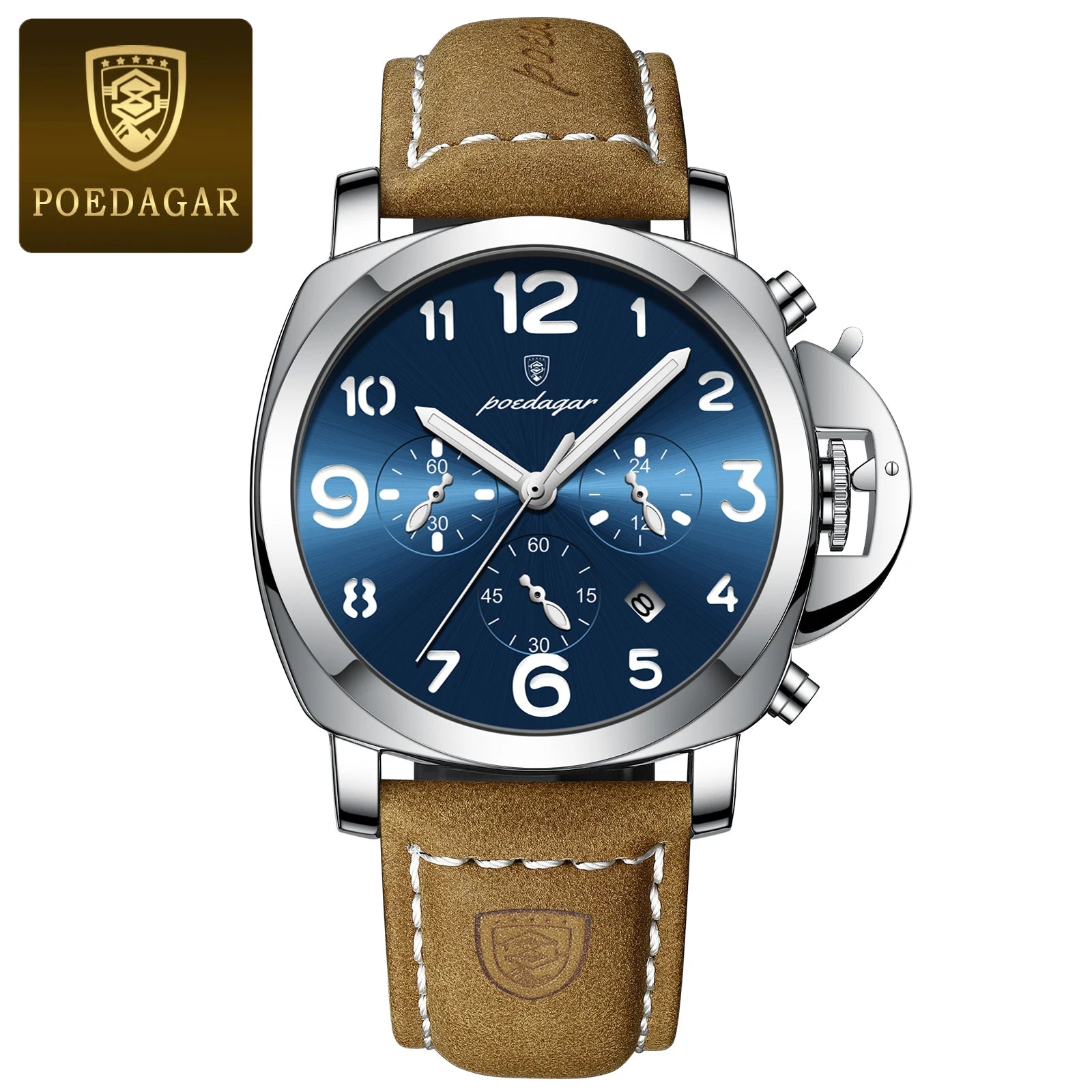 Chronograph Leather Watch – Bold Arabic Dial with Date & Luminous Hands