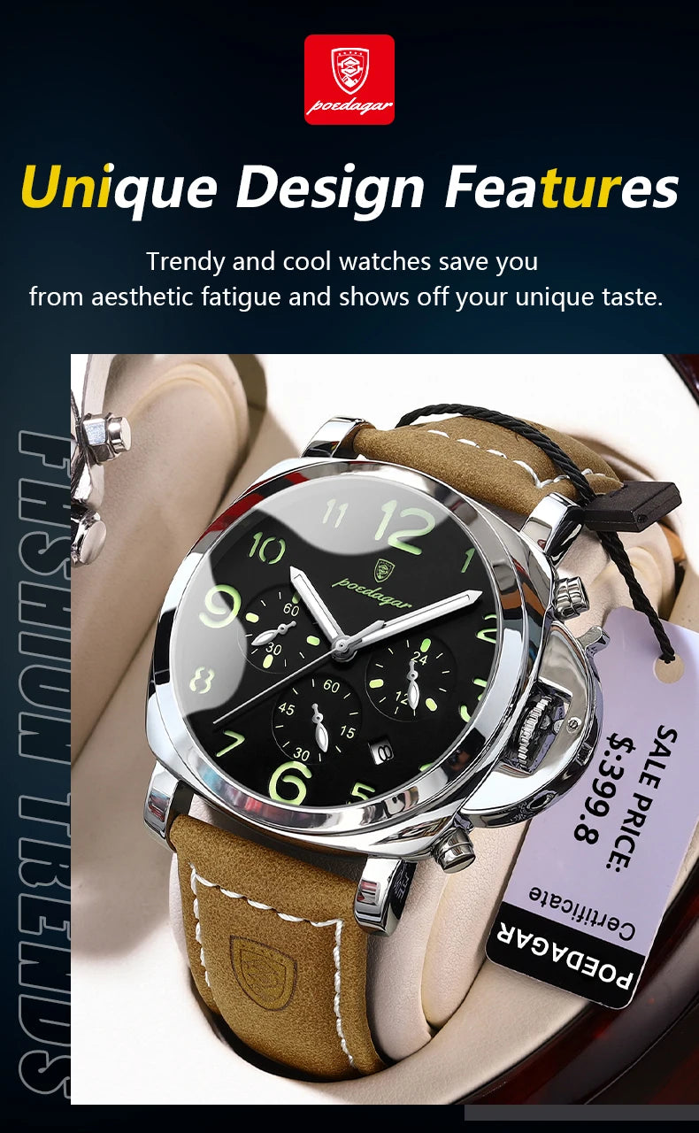 Chronograph Leather Watch – Bold Arabic Dial with Date & Luminous Hands