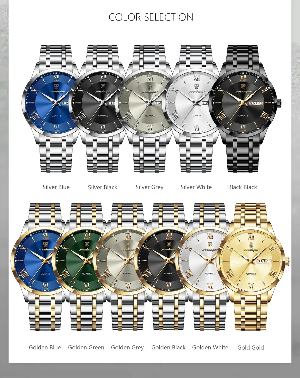 Full Calendar Stainless Steel Watch – Luminous Dial with Date, Week & Hidden Clasp