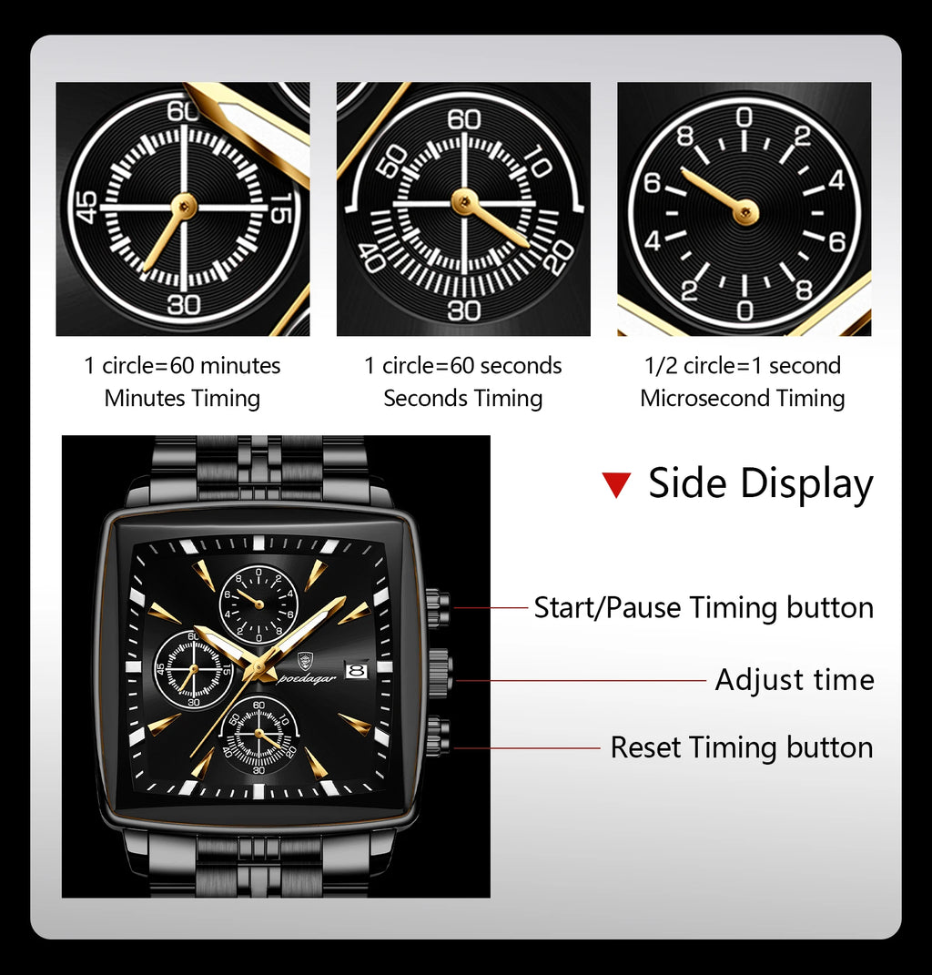 Square Chronograph Watch – Luminous Numberless Dial with Hidden Clasp Bracelet